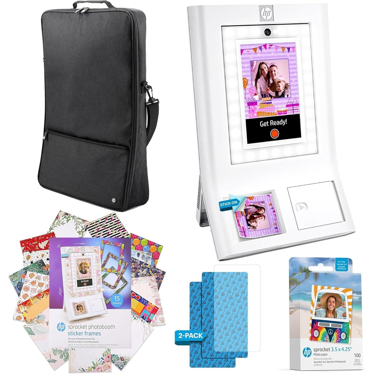 HP Sprocket Photobooth 3x4" Photo Printer Bundle w/Zink Paper, Case, Screen Protector & More